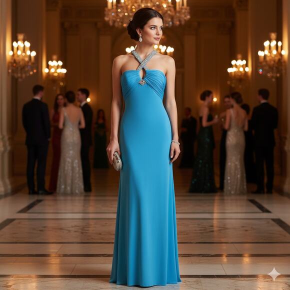 Scala Blue Crisscross Bejeweled Gown - Picture 1 of 7